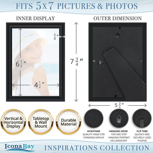 Icona Bay 5x7 Picture Frames, Black, 12 Pack, Beautifully Detailed Molding, Contemporary Set for Wall Mount or Table Top