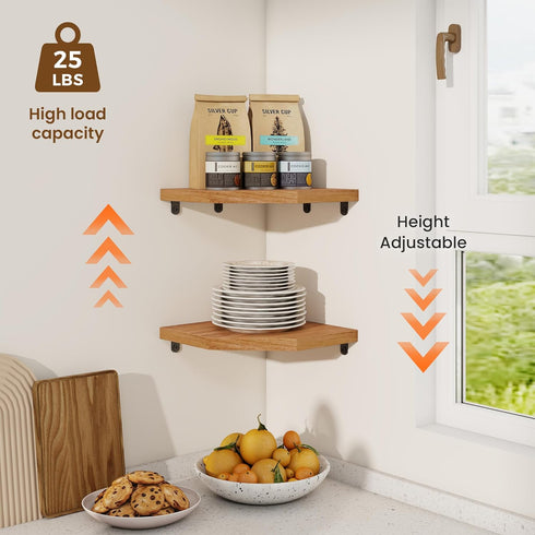 8.5in 1 Pack) Fun Memories Corner Shelf Wall Mount, Solid Oak Wood Floating Corner Shelves with Cable Hole, Rustic