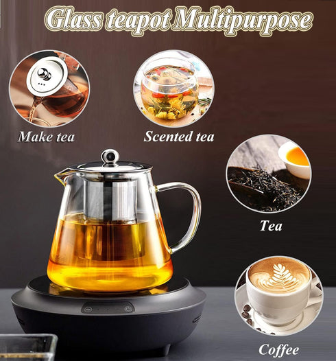 Glass Teapot with Removable Stainless Steel Infuser, Borosilicate Glass Tea Pot with Strainer,for Blooming Tea & Loose Leaf Tea, Microwave & Stovetop Safe (33OZ) by XINHUISHQZ