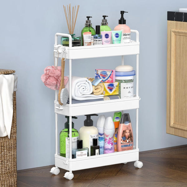 SOLEJAZZ Slim Rolling Storage Cart with Wheels 3 Tier Skinny Bathroom Storage
