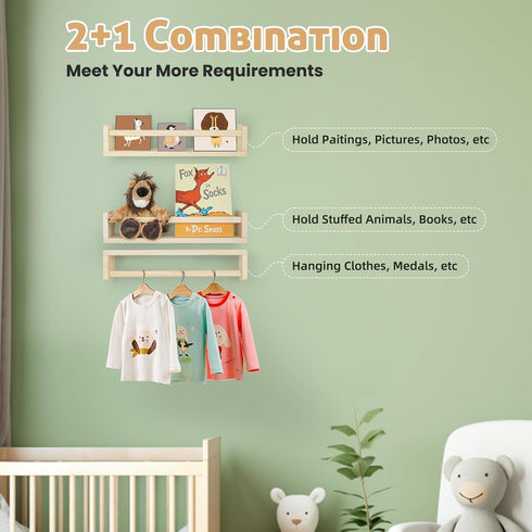 16.5 inch Set 3, Floating Book Shelves for Wall, Natural Wood Nursery Shelves for Book Storage, Solid Pine Wooden