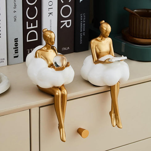 Gold Home Decor Women Thinker Statue, Modern Bookshelf Figurines Accent Decorations for Living Room, Resin Abstract Art