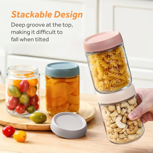 MOLADRI 16 oz/480 ml 4 Pack Glass Storage Canister with Airtight Lid, Clear Overnight Oats Containers, Cute Decorative