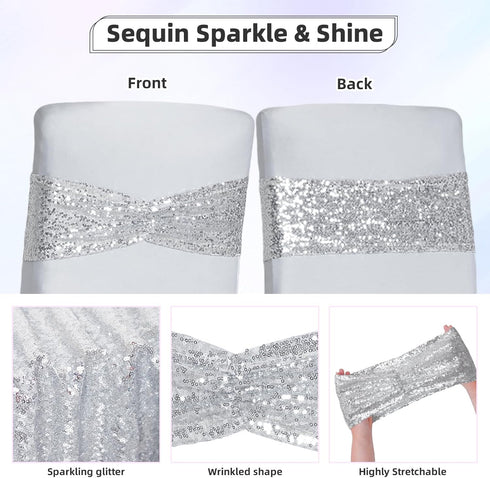 Poise3EHome 10 Silver Sequin Chair Sashes, Double Sided Glitter Folding Chair Covers Bow for Party Wedding Banquet