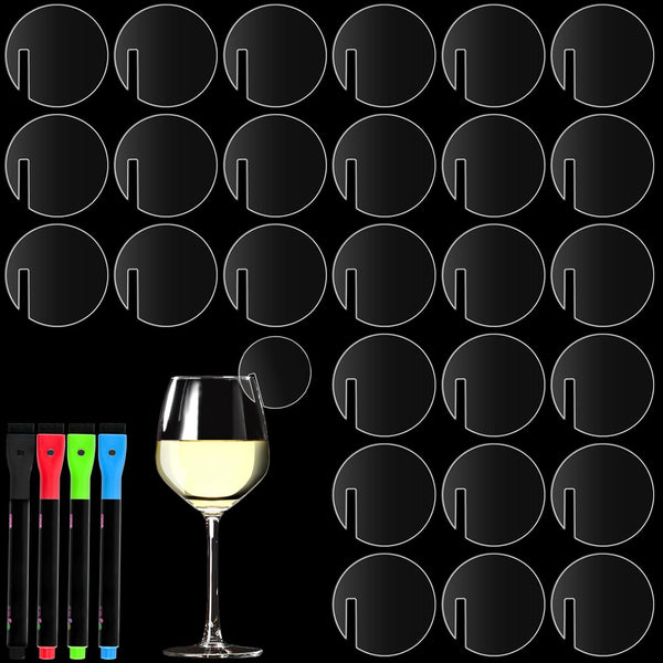 120 Pcs Acrylic Disc Drink Tags, Circle Cocktail Drinking Tags, DIY Wine Drink Names with 4 Highlighters