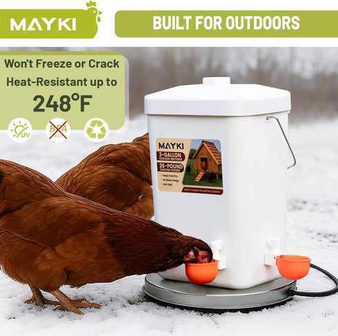Set, 3 Gallon/26 LB 10 MAYKI Chicken Feeder and Waterer No Waste Poultry Feeding System with Hanging Option, Automatic