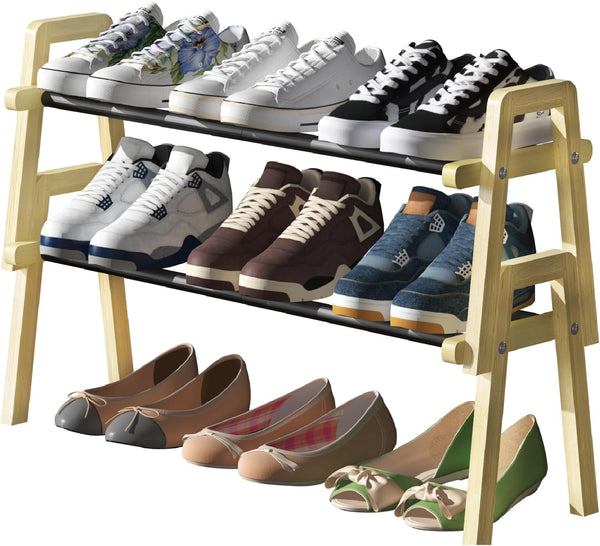 TIFFLOI 2-Tier Stackable Bamboo Shoe Rack, Free Standing Shoe Storage Organizer for Entryway,