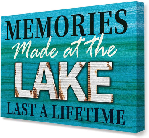 Lake House Wall Art Decor, Memories Made at the Lake, 15" x 12" Canvas Framed Painting for Nature Lovers