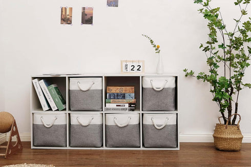 Cube Storage Bins, 11 Inch Collapsible Fabric Storage Bin with Handles, Foldable Storage Cubes (White/Gray, 6 Pack)