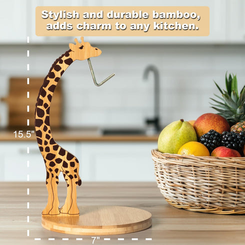 Countertop Giraffe Banana Holder Stand, Bamboo Banana Hanger with Stainless Steel Hook for or Under Cabinet Decorative