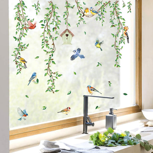 decalmile Spring Summer Hanging Green Vine Double Sided Window Clings Birds Tree Leaves Window Decals Anti-Collision Glass Window Doors Window Stickers