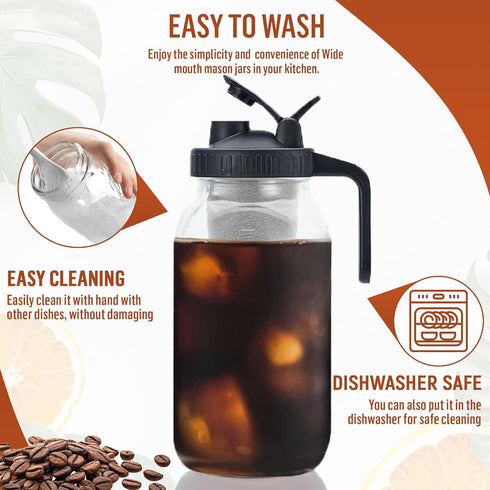 Glass Cold Brew Coffee Maker, 64 oz Mason Jar Iced Coffee Pitcher, Durable Glass, Stainless Steel Filter