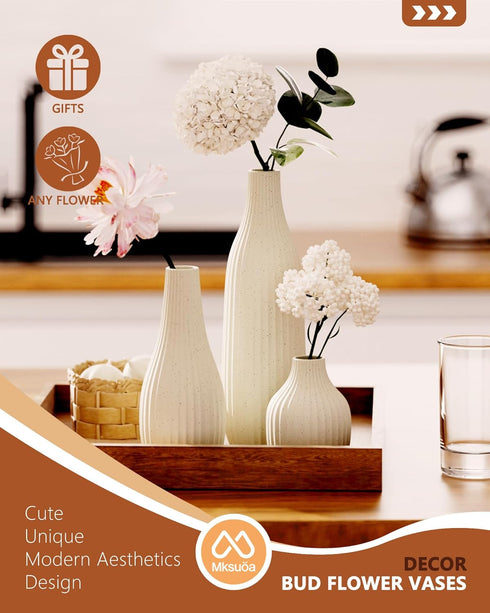 Mksuuoa Set 3 Decorative Flower Vase of - Modern Boho Style Beige Vases, Ribbed Textures Ceramic Vase for Home Decor