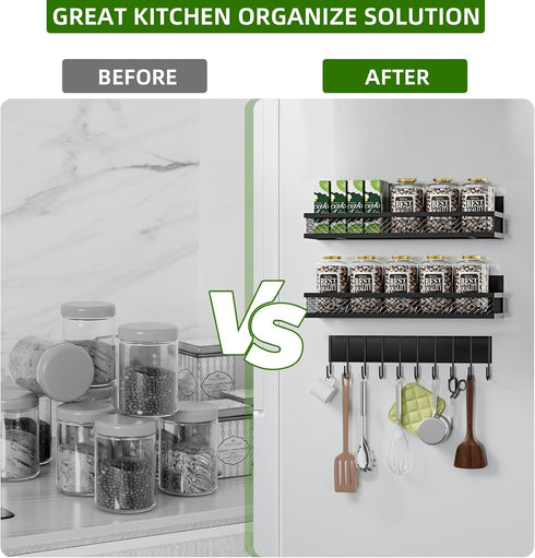 Magnetic Spice Rack for Refrigerator, 3 Pack Moveable Magnetic Shelf with 10-Hook Rack for Kitchen Organizers