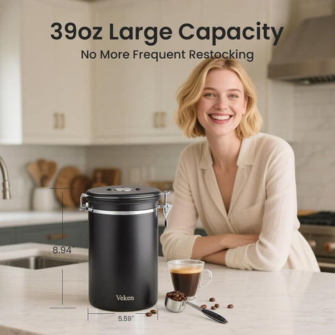39OZ Set,Airtight 2.2lbs Veken Coffee Canister, Large Christmas Coffee Lovers Gift Basket Stainless Steel Food Storage