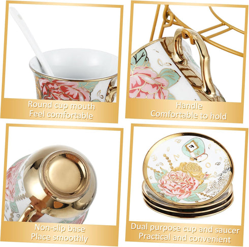 Zhehao 20 Set Set Pcs Porcelain Tea with Metal Holder and Spoon Adult Ceramic Tea European Flower Painting Teapot Cup