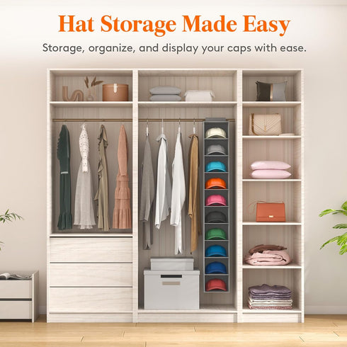 Lifewit 10 Compartments Hat Organizer - 1 Pack Hanging Storage Organizer for Baseball Caps, Holds Up to 40 Hats, Grey