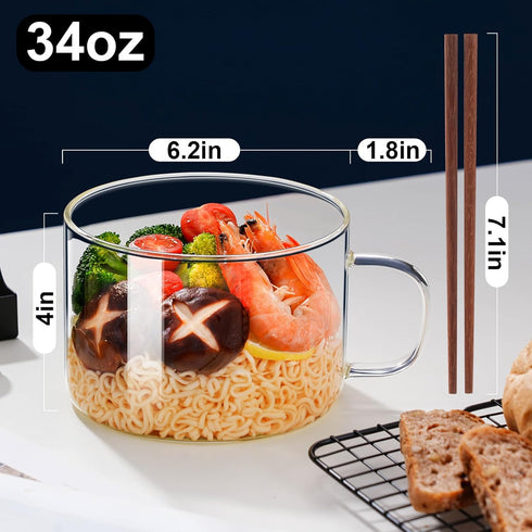 Ramen Bowl Set, Glass Salad Bowl with Lid, 34oz Portable Ramen Cooker with Handle, Microwavable with Chopsticks