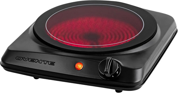 OVENTE 1000W Countertop Infrared Single Burner, 7” Ceramic Glass Cooktop with 5 Level Temperature Setting, Black