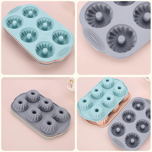 Mini Bundt Cake Pan 3pcs, Silicone Fluted Tube Cake Pans, 6-Cavity Heritage Bundtlette Molds (Pink+Blue+Gray)