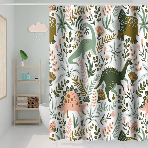 72x78 Inch Dinosaur Themed Bathroom Shower Curtain Green Dino Tropical Leaves with Hooks Waterproof Fabric Polyester