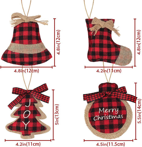 Ivenf Christmas Decorations Indoor Tree Ornaments - 8pcs Red Black Buffalo Plaid Burlap Farmhouse Ornaments for Home