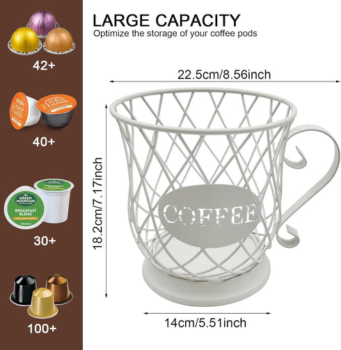 Coffee Pods Storage Basket for 35 K Cup Organizer, Decorative Holder for Coffee Bar Countertop - White.