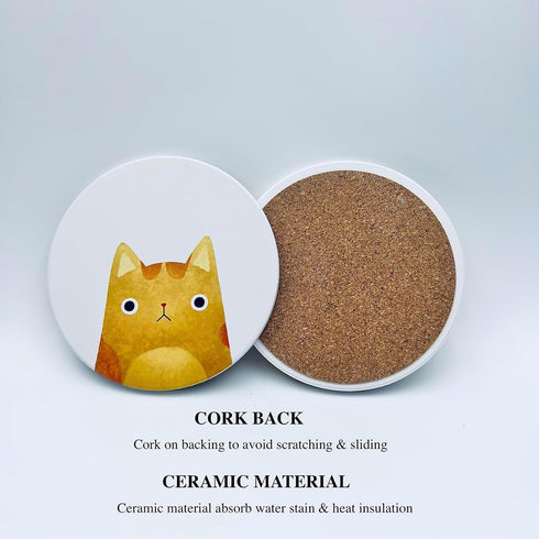 Set 6 Coasters of Round Ceramic Stone Absorbent Cute Cat Drinks Coasters for Cups and Mugs, Coffee Table, Office Desk