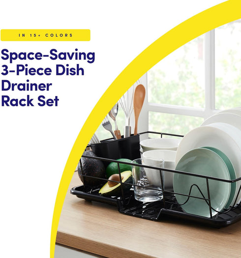 Space-Saving 3-Piece Dish Drainer Rack Set with Cutlery Holder - Maximize Countertop Space, Black by Sweet Home Collection