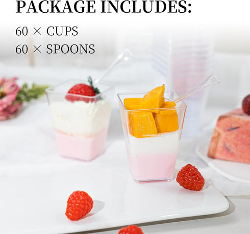 60Pack 5oz HOMIP Plastic Dessert Cups with Spoons (No Lids) Ideal for Yogurt Parfaits, Pudding, Fruit, Ice Cream
