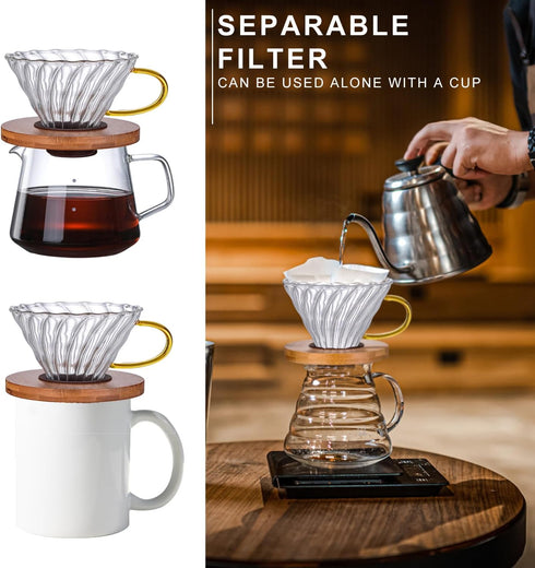 Gute Glass Coffee Dripper/Filter - Cone Glass Pour Over Coffee Dripper with Bamboo Stand for 1-4 Cups