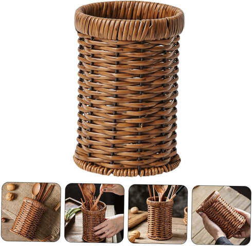 Rattan Silverware Utensil Holder - Imitation Rattan Drying Rack, Wicker Cup, Flatware Storage Basket