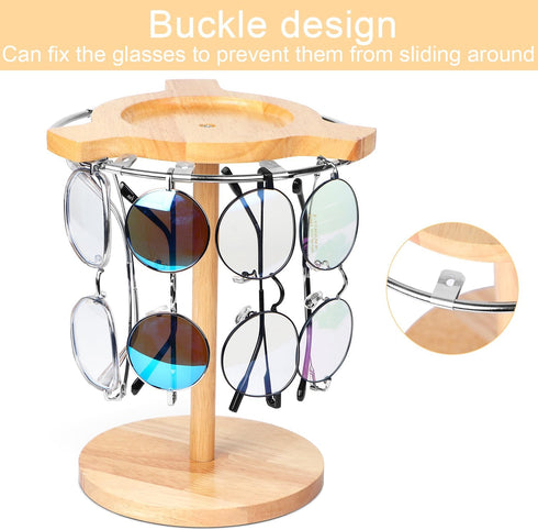 Sunglasses Organizer with 360 Rotating Display, Eyeglasses Rack, Wood Base for 12 Pairs of Eyewear for Desk Dresser