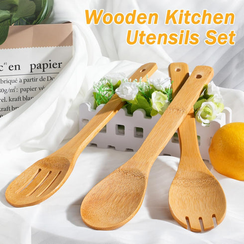 IOOLEEM Bamboo Wooden Spoons for Cooking, 6 Pcs 12 Inch Non-Stick Kitchen Utensils Set, Durable Wooden Spatula Spoons