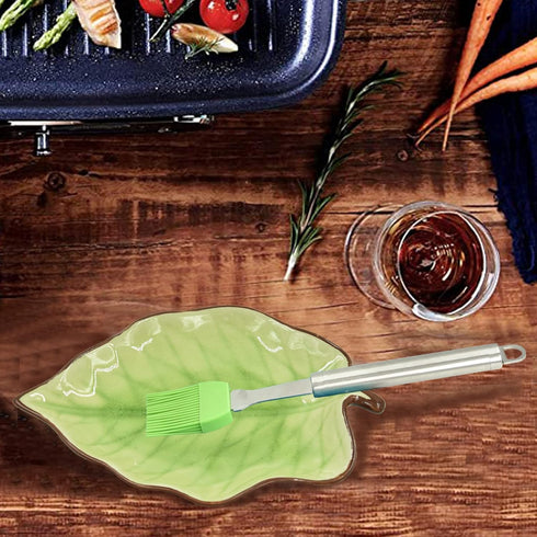 Green Leaf Shape Spoon Rest - Ceramic Spoon Holder for Stove Top, Farmhouse Decor with Wooden Spoon, 5.1 W x 7.5 L