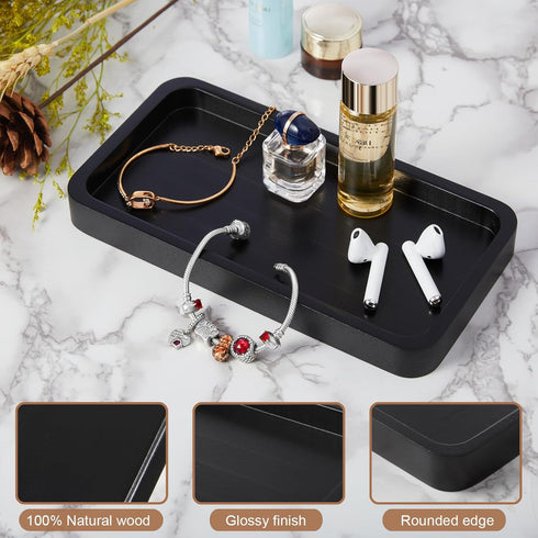 ALELION 8" Black Bathroom Vanity Tray, Wood Organizer for Dresser Tops, Soap Dispenser, Jewelry Catchall