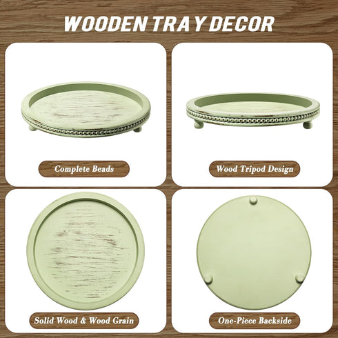 KULEDM Handmade Wooden Decorative Tray, Small Beaded Coffee Table Tray Decor, Sage Round Serving Tray for Coffee Table