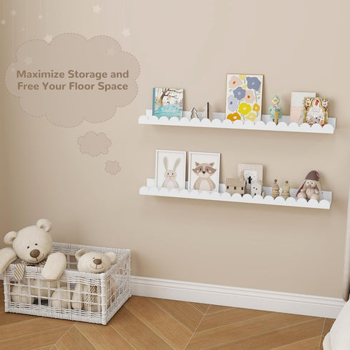 36 Inch Set 2, Fun Memories Scalloped Nursery Shelf, White Picture Ledge for Wall, of Kids Book Shelves with Floating