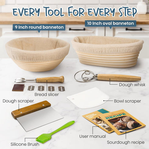Set, 9 Inch 10 Inch RORECAY Bread Banneton Proofing Basket Round & Oval Cane Sourdough Baskets with Dough Whisk Lame