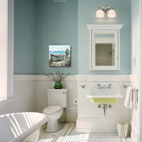 Bathroom Wall Art Coastal Décor, Nautical Boat on Beach Canvas Picture, Ocean Seagull Seascape Artwork for Living Room