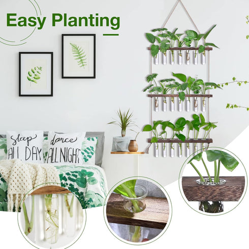 21 3 XXXFLOWER Wall Hanging Propagation Station with Wooden Stand Glass Test Tubes Tiers Planters Wall Terrarium