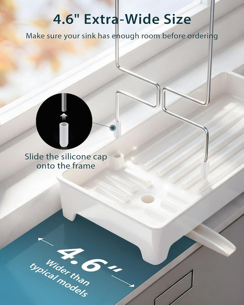 Caumic 304 Countertop Plastic Sink Caddy, Rustproof Sponge Holder for Kitchen Sink with Stainless-Steel Brush Holder