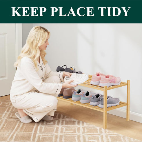 2-Tier, Closet, Smiry Bamboo Shoe Rack Stackable Wooden Shoe Organizer for Entryway & Free Standing Wood Shoe Storage