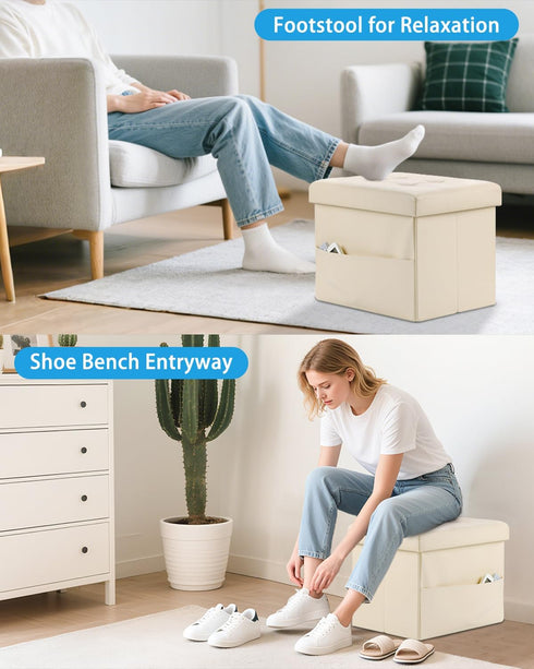 17 Inches Ottoman with Storage Foot Stool, Folding Storage Ottoman, Leather Upholstered Ottomans Foot Rest with Side