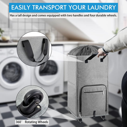 4 2 Laundry Hamper with Wheels, Bukere Large Rolling Laundry Basket with Casters and Handles, Collapsible Freestanding