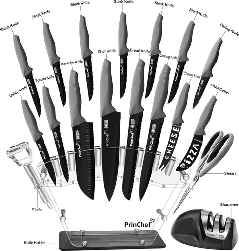 PrinChef 19 Pcs Knife Set for Kitchen, Rust Proof Knives with Acrylic Stand and Sharpener