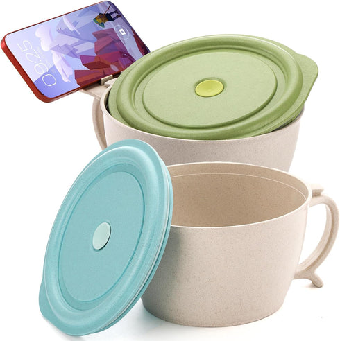 SOUJOY 2 Pack Noodle Bowl with Lid, 40 OZ Large Microwave Wheat Straw Soup Bowl with Phone Holder