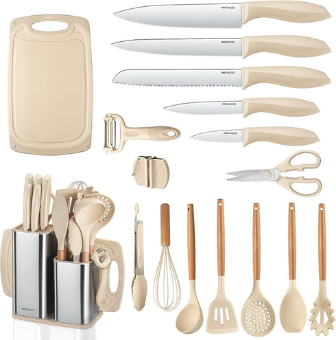 RAXCO 18 Pieces Kitchen Set, 7 Silicone Cooking Utensils, 6 Knife Set with Sharpener, 5 Cookwares, Khaki