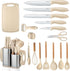 RAXCO 18 Pieces Kitchen Set, 7 Silicone Cooking Utensils, 6 Knife Set with Sharpener, 5 Cookwares, Khaki