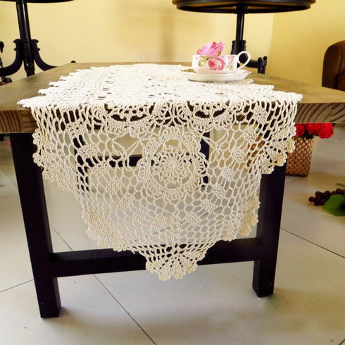 KEPSWET Cotton Handmade Crochet Lace Oval Table Runner, Dresser Console Coffee Table Decor, Beige 14x60 inch